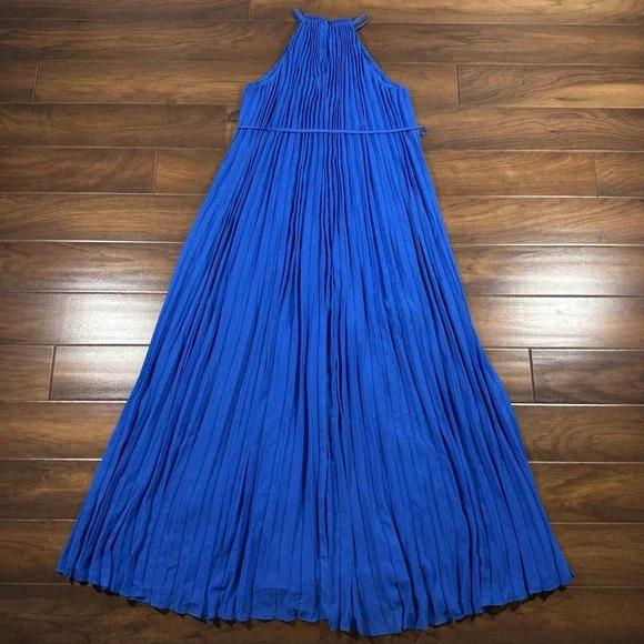 Ted Baker Size 0 / US 2 Blue Helyos Halter Neck Maxi Dress Accordion Pleated - Picture 6 of 11